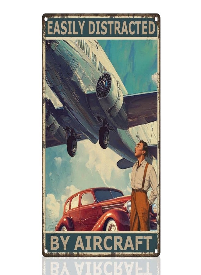 DOODLREAM Vintage Airplane Wall Decor Metal Tin Sign Easily Distracted By Airplanes Retro Poster for Home Room, Man Cave Garage Office Wall Decor Plane Aviation Enthusiast Military Fan Gift 8 x 12 Inch - Image 1